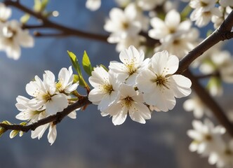 Obraz premium A single white cherry blossom on a branch in the sunlight , floral details, serene landscape