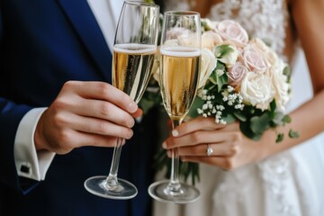 Newlyweds toast with champagne glasses during their wedding celebration in a joyful atmosphere