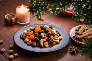 Fototapeta premium Festive Holiday Snack Platter with Dried Fruits, Nuts, and Spices Under a Christmas Tree