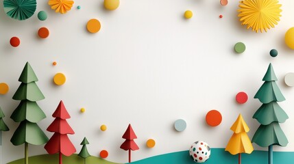 Colorful Paper Art Background with Trees and Circular Decorations