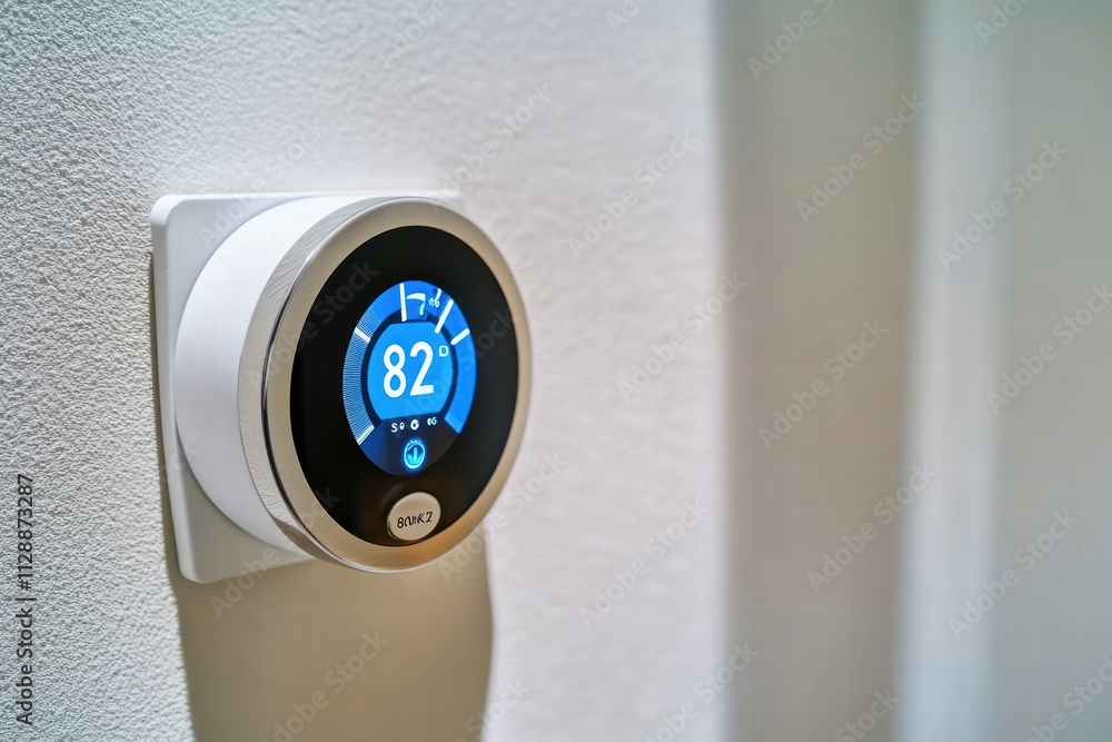 Poster smart thermostat displaying energy-saving features in modern home setting