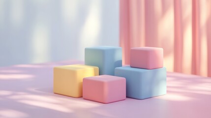 Obraz premium Colorful geometric blocks on pink surface with soft shadows