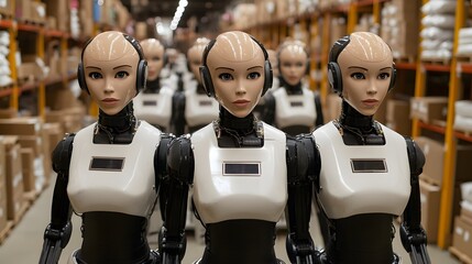 Humanoid robots in warehouse.