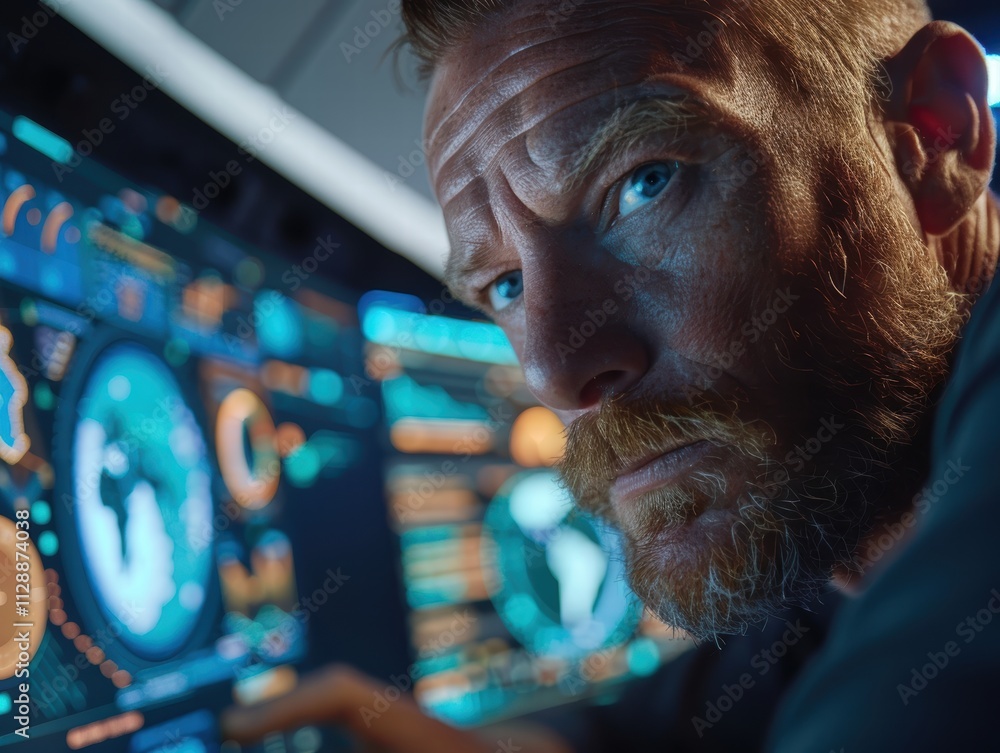 Aufkleber focused male operator analyzing high-tech data on console monitor