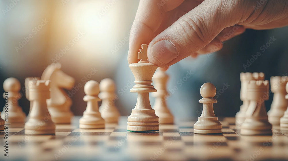 Poster a close-up of a chess game in progress, with a hand strategically moving the white queen on the boar