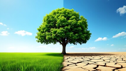 Concept drought, climate change. tree before and after drought. ecology, environment, environmental protection