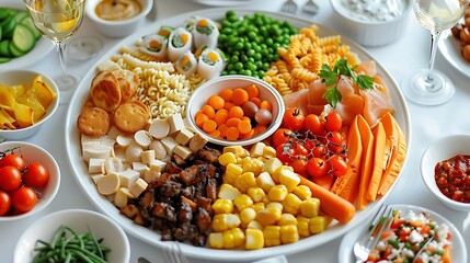 Colorful vegetable and pasta platter for a party.