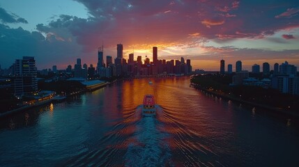 Fototapeta premium Aerial view of a city skyline at sunset over a river with a boat. Dramatic colors and clouds. Cityscapes, 
