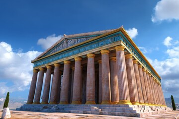 Naklejka premium A 3D digital reconstruction of the Temple of Artemis in its full glory, complete with colorful frescoes and statues