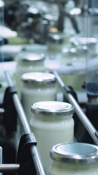Automatic line for bottling and preserving dairy milk products at a food factory, close-up. The machine automatically seals lids on milk cans, which then move along a conveyor belt to the warehouse.