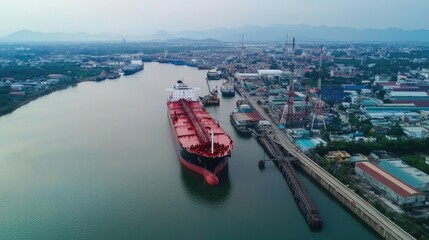 Naklejka premium oil tanker, gas tanker in the high sea.Refinery Industry cargo ship. top view,aerial view,Thailand, in import export, LPG,oil refinery, Logistics and transportation with working crane bridge in harbor