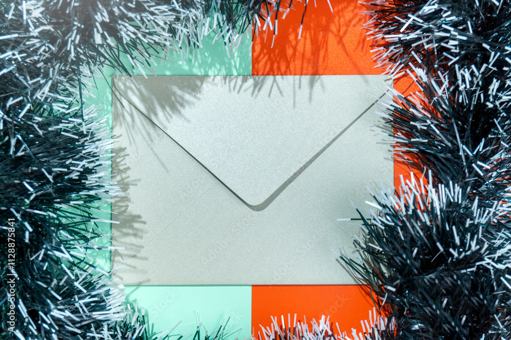 Poster closeup view of an envelope with a christmas ornament frame on a colored background