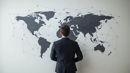 Data analytics and business intelligence aid in understanding global business patterns. A businessman using a global network connection visualizes data represented by world map points and lines