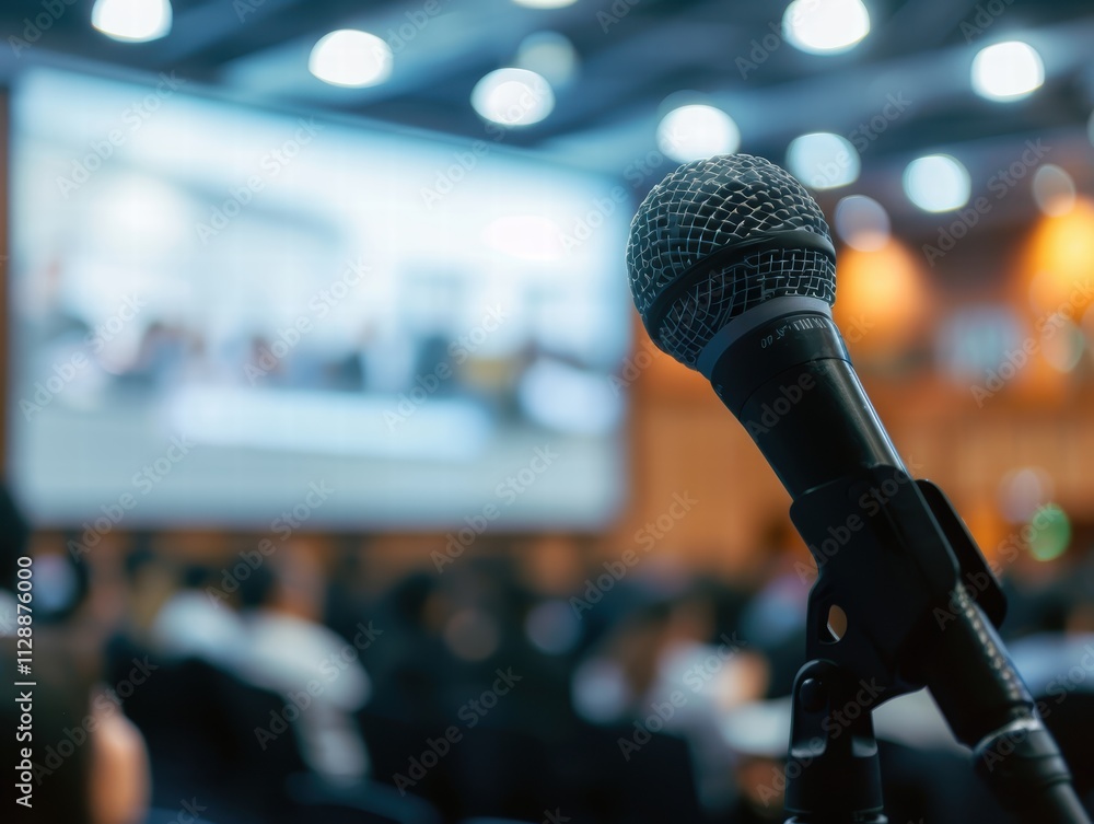 Poster close-up of microphone with audience in background at conference event