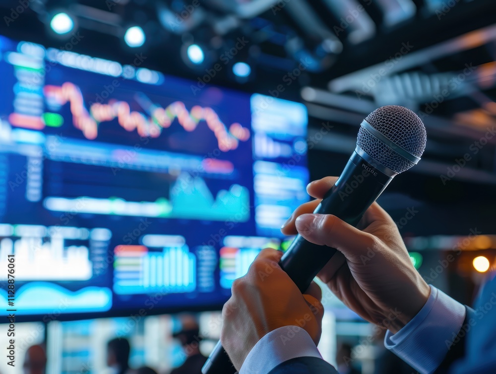 Poster business presentation with microphone and data visualization display