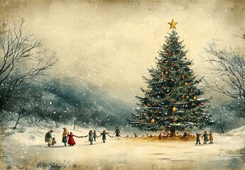 llustration of festive Christmas tree on winter background, Decorative Christmas wallpaper, art illustration painted with watercolors old postcard