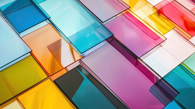 Colorful translucent rectangles overlap, creating an abstract background.