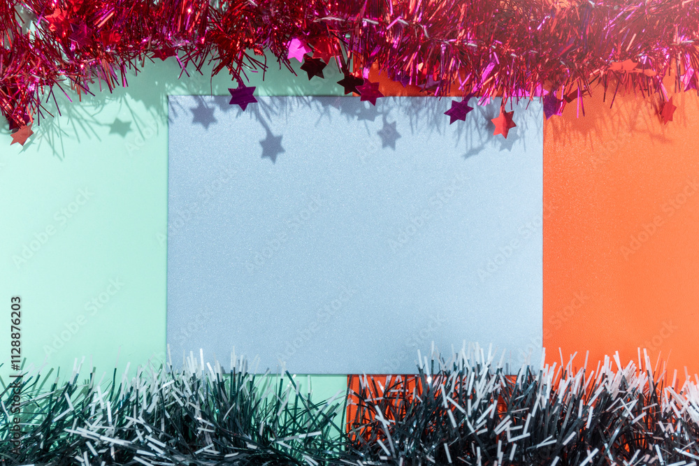Poster closeup view of an envelope with a christmas ornament frame on a colored background