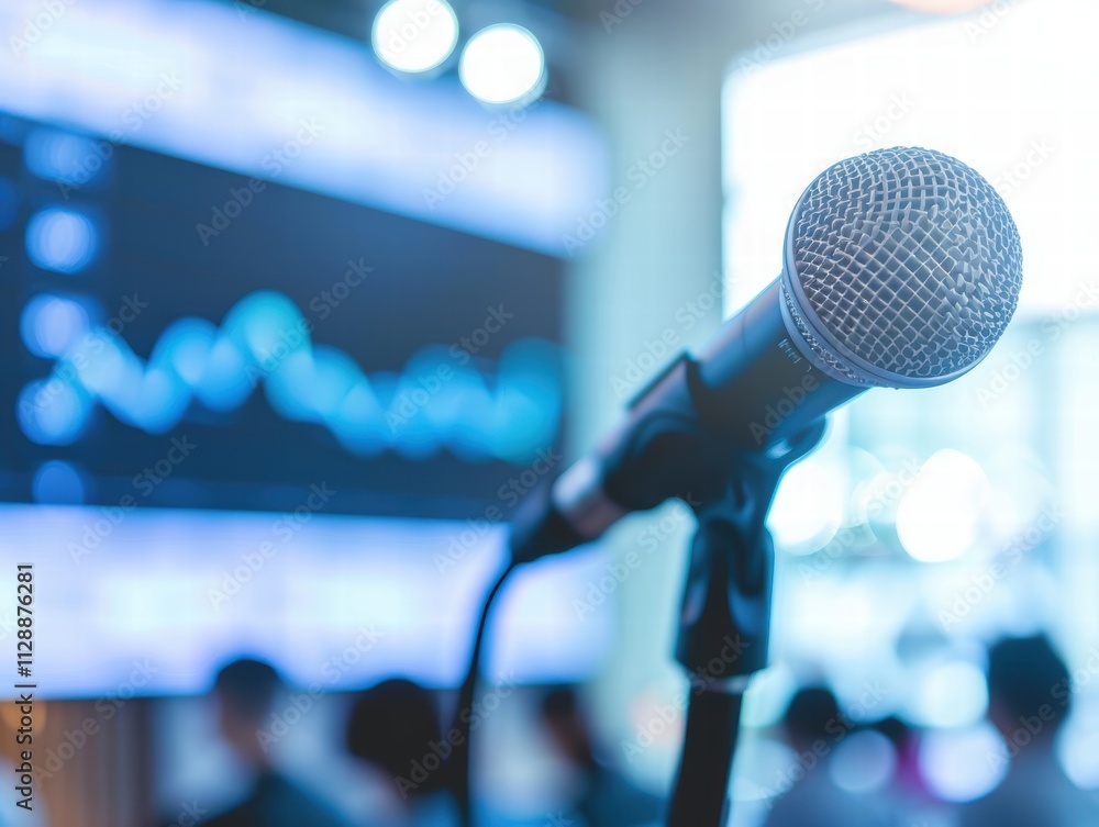 Poster microphone in focus at business presentation with graph background
