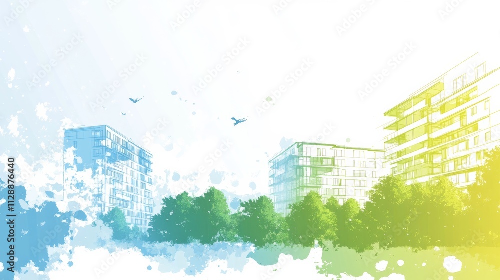 Poster innovative architecture blueprint for urban buildings with gradient background in a dynamic city env