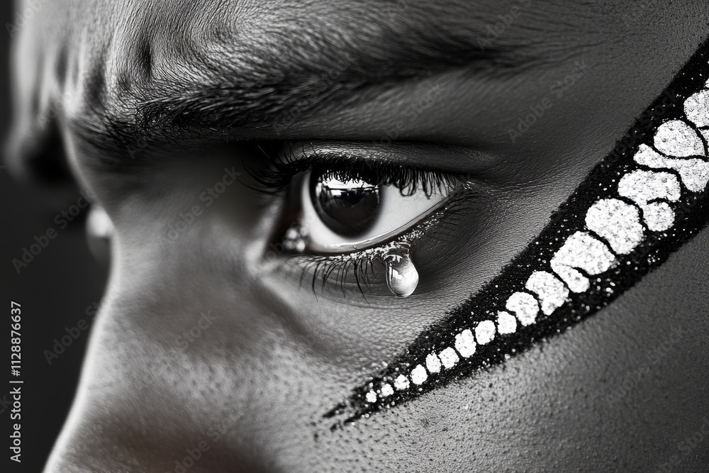 Poster a close-up of a person face with a single tear rolling down their cheek, captured in a moment of sad