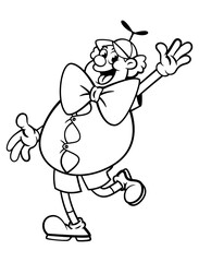 Funny Clown cartoon characters wearing baseball cap, summer shirt, and fancy short pants. Greeting audience at the carnival. Best for outline, logo, and coloring book with profession themes for kids