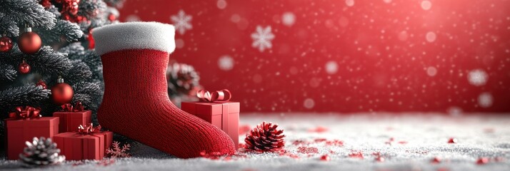 Red Boots against Snowy Winter Landscape with Christmas Tree and Presents, Ideal for Holiday-themed Advertising or Marketing