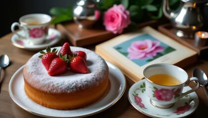 Table with a cake with strawberries and two cup of tea, evening tea party