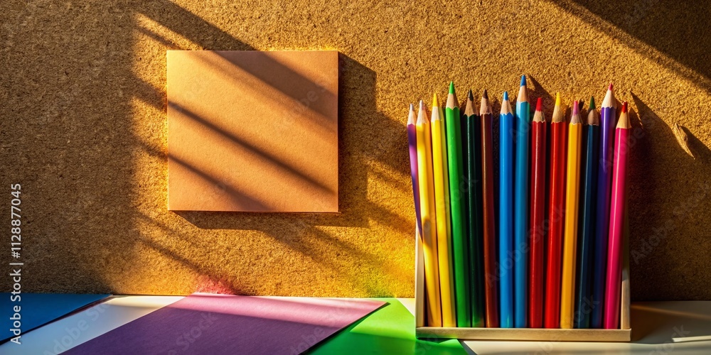 Poster colorful pencils arranged on corkboard with paper forms displaying creativity and organization in a 
