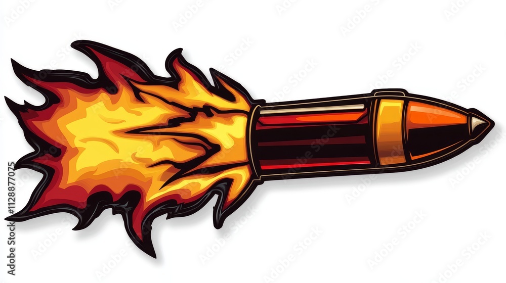 Poster a rocket-shaped text box with flames at the base.