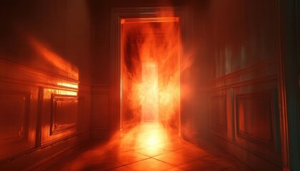 Fototapeta premium A symbolic glowing shadow overlay creeping across a doorway, cinematic suspense and depth