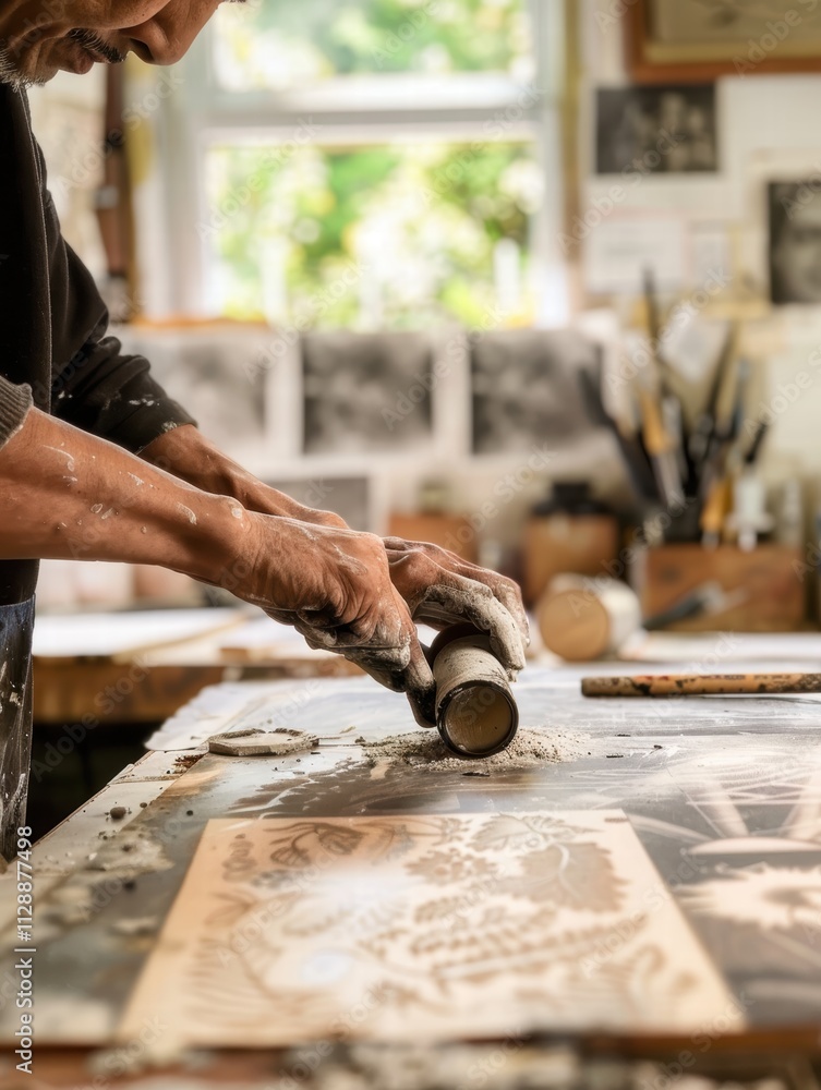 Poster craftsman creating art print with ink roller in workshop environment