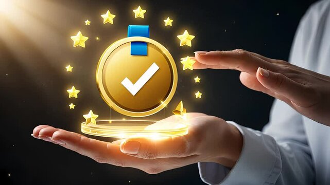 Golden Badge with Checkmark Highlighting Quality Assurance, Success, and Excellence in Business Achievement
