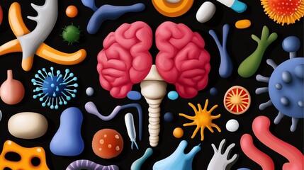 A colorful, abstract illustration depicting a brain surrounded by various microorganisms and cells on a dark background.