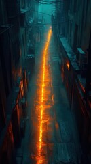 A symbolic glowing trail showing a thief s escape through a maze of back alleys, cinematic depth and tones