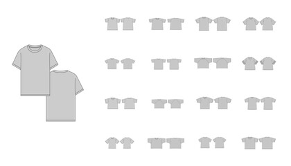 Set of Different T-Shirts Template - Technical Flat Drawing of Basic Tshirts V-neck Tee Shirt Design - Boxy T-Shirt Technical Illustration - Fitted Tee Shirt Vector Front and Back Views