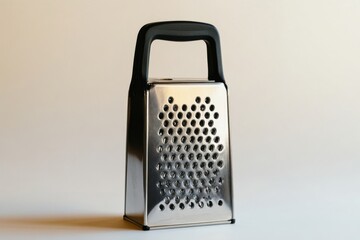 A Sleek Stainless Steel Box Grater with a Black Handle on a White Background: Perfect for Kitchen Use and Cheese Preparation