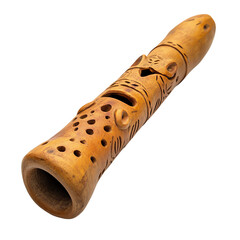 A carved wooden flute with intricate designs and holes for sound production, showcasing artistic...