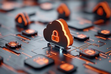 A digital cloud icon with a padlock stands out among tech-themed buttons, symbolizing security in cloud computing.