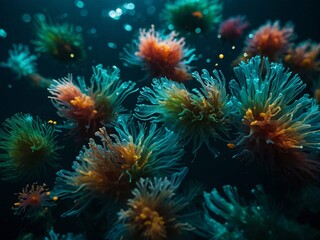 Obraz premium plankton at depth illuminated by neon light