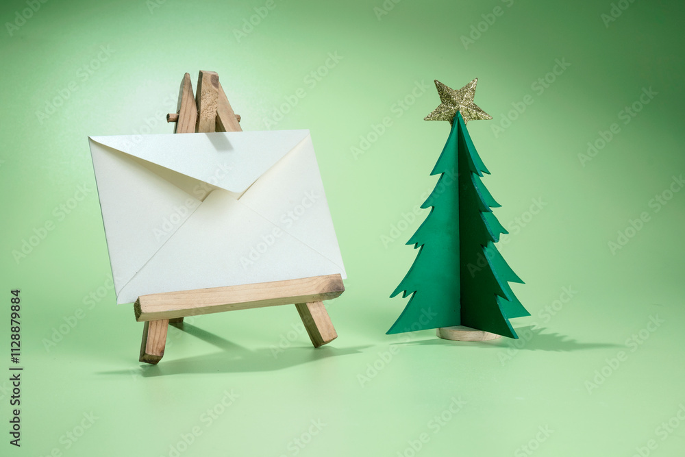 Poster closeup view of a christmas tree miniature and star with an envelope on a wooden easel with a colore