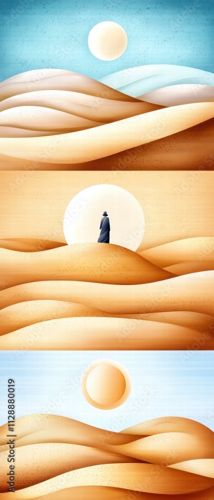 Poster triptych of desert dunes under sun and moon