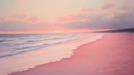 Pink sunset over ocean beach.