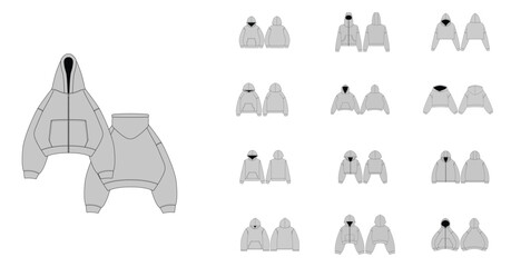 Streetwear Hoodie Collection Technical Fashion Illustration - Zip Heavyweight Hoodie Flat Apparel Templates - Technical Drawing Set of Hoodies with Front and Back Views - Men, © sigraphics.co