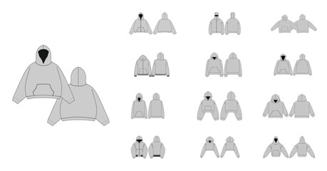 Technical Drawing Set of Hoodies with Front and Back Views - Men, Woman, Unisex CAD Mockups, Streetwear Hoodie Collections Technical Fashion Illustration - Zipper Hoodie Flat Apparel Templates © sigraphics.co