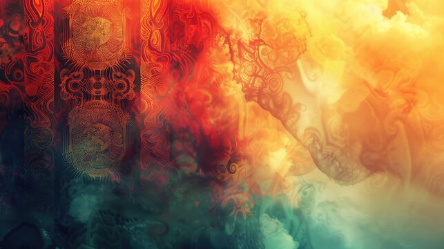 horizontal banner, Waitangi Day, New Zealand National Day, abstract red orange green background, traditional Maori ornament, copy space, free space for text