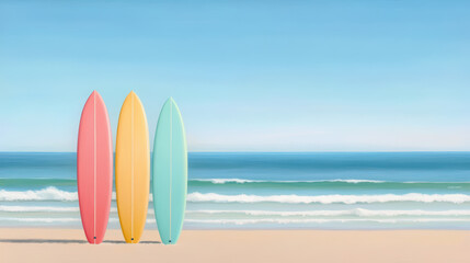 Three colorful surfboards stand upright on a sandy beach, overlooking gentle ocean waves beneath a clear blue sky, creating a serene and vibrant coastal scene.