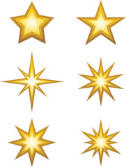 A set of gold star icons, including various flat designs for apps and websites