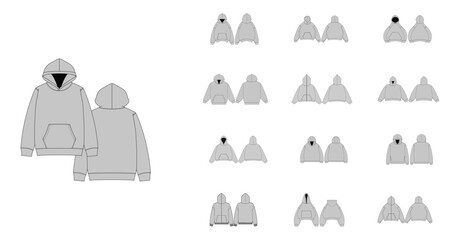 Technical Drawing Set of Hoodies with Front and Back Views - Men, Woman, Unisex CAD Mockups, Streetwear Hoodie Collections Technical Fashion Illustration - Zipper Hoodie Flat Apparel Templates © sigraphics.co