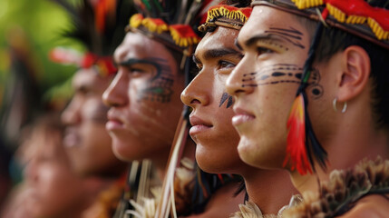 celebration of Waitangi Day, National Day of New Zealand, adult Maori men in national costume with a traditional tattoo on their face